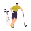 Man Character Golf Playing Training with Golf Club Vector Illustration