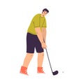 Man Character Golf Playing Training with Golf Club Vector Illustration
