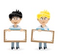 Man character holding text board