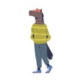 Man Character with Horse Animal Head Walking in Cap and Green Sweater Vector Illustration Royalty Free Stock Photo