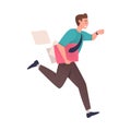 Man Character Hurrying Running Fast with Document Looking at Watch Feeling Panic of Being Late Vector Illustration