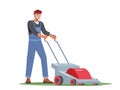 Man Character Mow Lawn in Garden or Public City Park. Gardener or Worker Pushing Lawn Mower Machine for Landscaping Yard Royalty Free Stock Photo