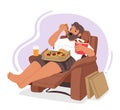 Man Character With Obsessive Eating Is Depicted Lying On Armchair, Consuming Excessive Amounts Of Fast Food
