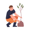 Man Character Planting Tree Sapling in Soil Taking Care of Planet and Nature Vector Illustration Royalty Free Stock Photo