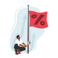 Man Character Raises Flag With Percent Sign. Concept Of Interest Rate Hike Symbolize Increase In Financial Markets Royalty Free Stock Photo