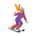 Man Character in Scarf Skiing at Mountain Ski Resort in Winter Season Vector Illustration