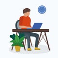 Man character sitting workplace table, male make job laptop computer freelance isolated on white, flat vector illustration.