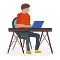 Man character sitting workplace table, male make job laptop computer freelance isolated on white, flat vector illustration.