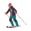 Man Character Skiing at Mountain Ski Resort in Winter Season Vector Illustration