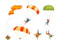 Man Character Skydiving Falling Down with Parachute Vector Set