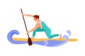 Man Character Standup Paddleboarding Doing Water Sport Activity Vector Illustration