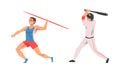 Man Character Throwing Javelin and Playing Baseball with Bat Vector Set