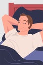 Man Character Waking Up Feeling Happy Lying in Bed Ready to Get Up in the Morning Vector Illustration