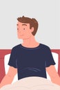 Man Character Waking Up Feeling Happy Sitting in Bed Ready to Get Up in the Morning Vector Illustration
