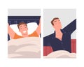 Man Character Waking Up Feeling Happy Stretching Out in Bed Ready to Get Up in the Morning Vector Set