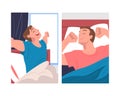 Man Character Waking Up Feeling Happy Stretching Out in Bed Ready to Get Up in the Morning Vector Set