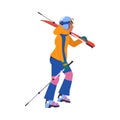 Man Character Walking with Skis and Poles for Alpine Skiing in Winter Season Vector Illustration