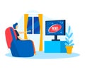 Man character watch tv news, vector illustration. Sitting near television technology cartoon concept. Flat leisure male