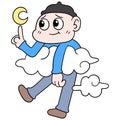 A man is chasing his dream of flying up the clouds touching the stars. doodle icon image kawaii