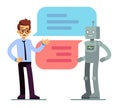 Man chatting and asking for help bot. Chatbot vector concept