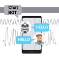 Man Chatting With Chat Bot On Cell Smart Phone, Robot Virtual Assistance Element Of Website Or Mobile Applications Royalty Free Stock Photo