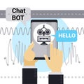 Man Chatting With Chat Bot On Cell Smart Phone, Robot Virtual Assistance Element Of Website Or Mobile Applications Royalty Free Stock Photo