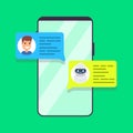 Man chatting with chat bot on smartphone. Vector illustration Royalty Free Stock Photo