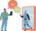 Man chatting online with AI assistant flat vector illustration. Cartoon customer getting virtual support from chatbot