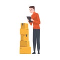 Man Checking Cardboard Boxes in Warehouse, Male Worker Preparing Goods For Dispatch Cartoon Vector Illustration