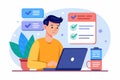 Man checking results while completing an online test on his laptop in a bright and organized workspace with plants and notes in Royalty Free Stock Photo
