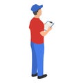 Man checking warehouse icon, isometric style