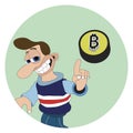 Man with cheeky smile and a big nose pointing at a bitcoin token coin