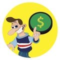 Man with a cheeky smile and a big nose pointing at a dollar coin token round sticker label