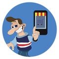 Man with a cheeky smile and big nose pointing at smartphone online shopping round sticker label Royalty Free Stock Photo