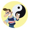 Man with a cheeky smile and big nose pointing at a Yin Yang symbol round sticker label Royalty Free Stock Photo
