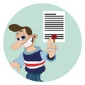 Man with cheeky smile and a big nose pointing at a diploma paper round sticker label Royalty Free Stock Photo