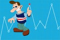 Man with cheeky smile points at red spot on graph cartoon