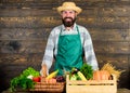 Man cheerful bearded farmer near vegetables wooden background. Farmer straw hat presenting fresh vegetables. Farmer with Royalty Free Stock Photo