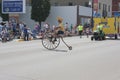 Man with Cheesehead Riding High Wheel Bicycle in parade Royalty Free Stock Photo