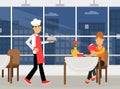 Man Chef Carrying Tray with Served Dish to Customer Table Vector Illustration