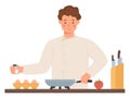 Man in chef clothes cooking eggs. Flat design illustration. Vector Royalty Free Stock Photo