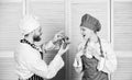 Man chef offer dessert or meal under cloche to girl. Will you eat my meal. Culinary family. Woman and bearded man