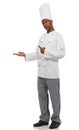 Man, chef and pointing with hands, portrait and confident guy on white studio background. African person, culinary