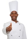 Man, chef and portrait with thumbs up, worker and confident guy on white studio background. African person, culinary