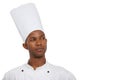 Man, chef and thinking of food, professional and serious guy on white studio background. African person, culinary expert