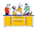 Man in Chef Toque and Apron Cook on Pan with Fire. Restaurant Staff Character, Social Media Blogger Broadcasting