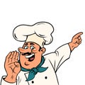 Man chef in a white cap. Smiling face. Professional points a finger Isolate on a white background