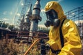 A man in a chemical protection suit against radiation sprays the area. Generative AI