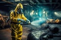 A man in a chemical protection suit against radiation sprays the area. Generative AI