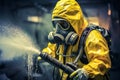 A man in a chemical protection suit against radiation sprays the area. Generative AI